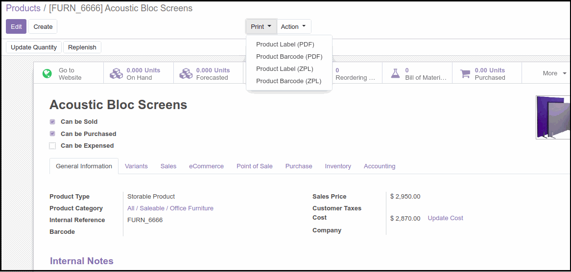 Odoo Provide option to Print Labels of Products in PDF
