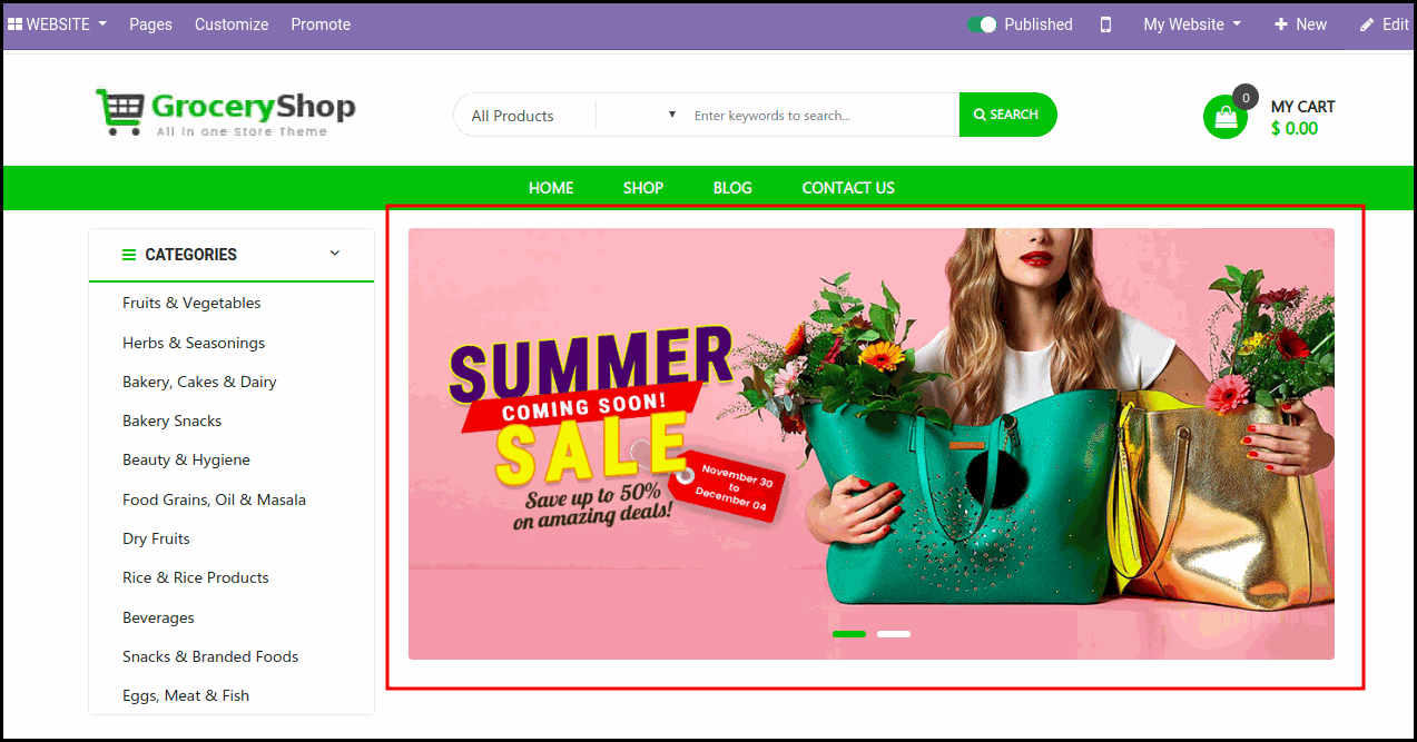 Odoo  Grocery Theme for Ecommerce Store: Slider Options