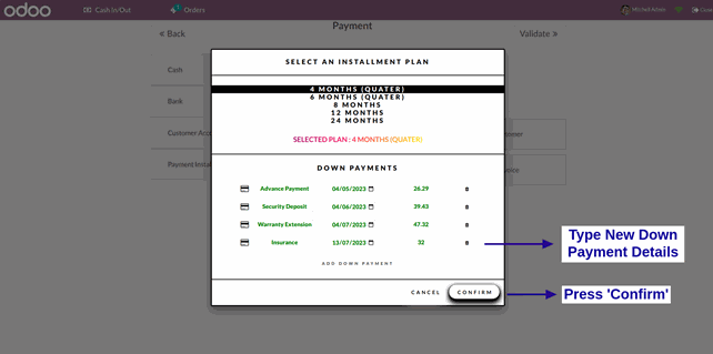 Enter the new down payment line details - Odoo