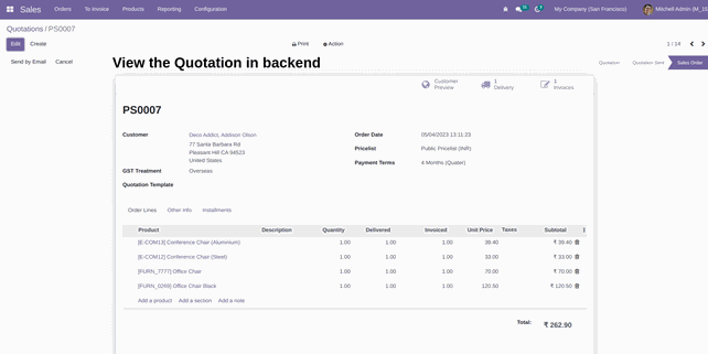 Backend Quotation and Invoice created - Odoo